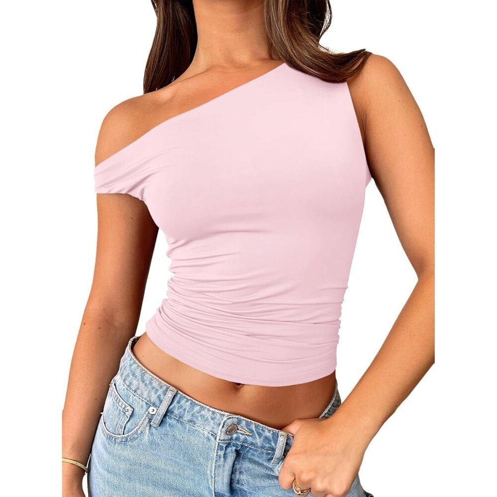 Women's Crop Top Pink Off The Shoulder Sleeveless Y2K Stretchy Summer Comfort